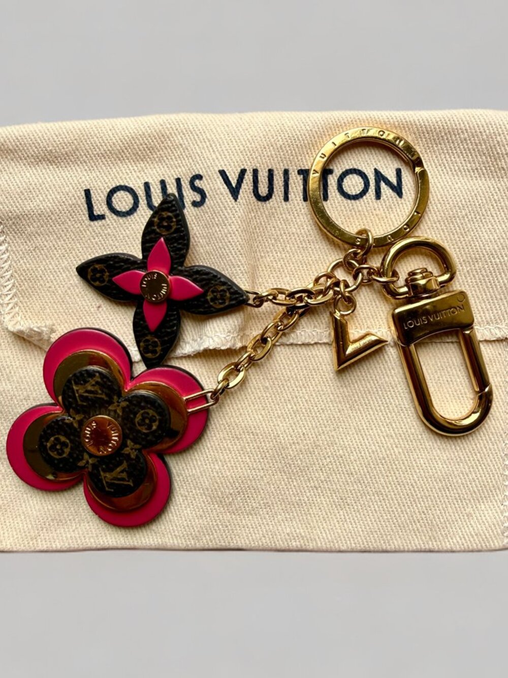 Louis Vuitton Pink Brown Leather Blooming Flowers Monogram Bag Charm